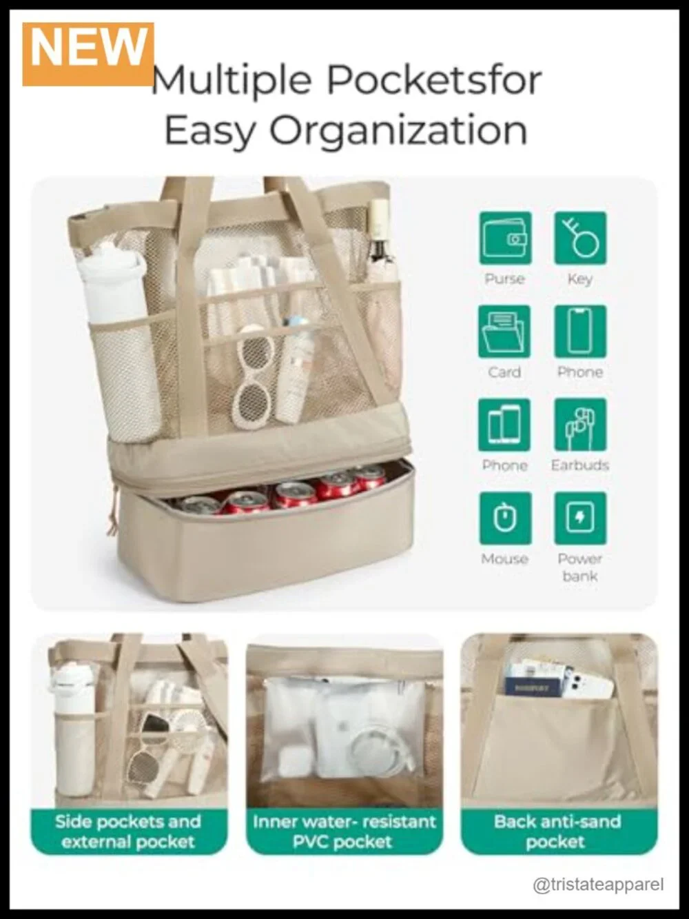 Mesh Beach Tote with Removable Insulated Cooler, Zippered Travel Bag
